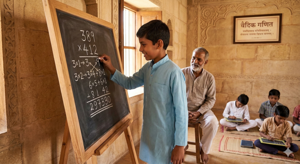 Child solving a maths problem on a chalkboard in a Vedic Maths class